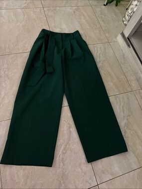 Flying Tomato Deep Green High-Waist Wide-Leg Pants with Tie Belt